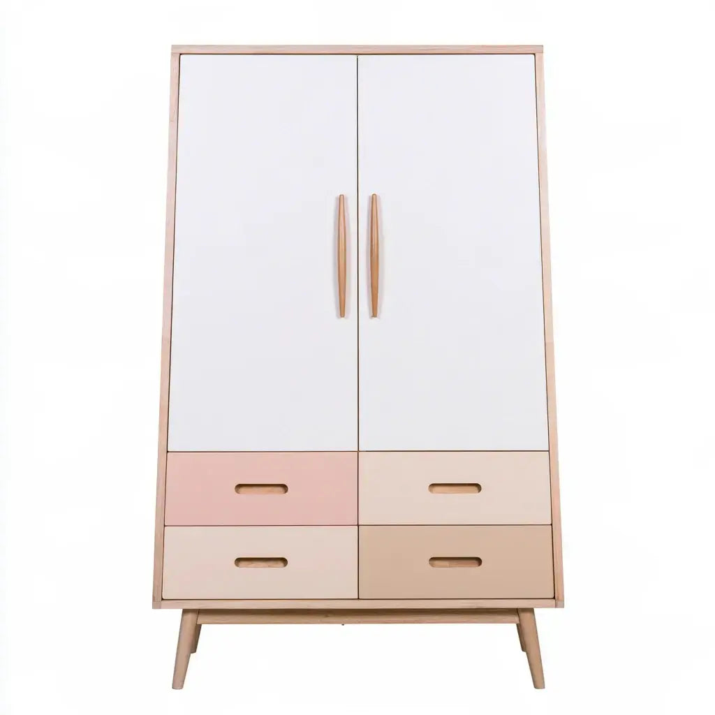 Armario con dos puertas y cajones bajos - blanco/rosa/beige