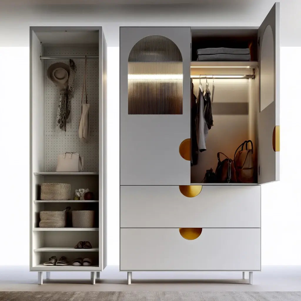 Armario con puerta arqueada y cajones inferiores - blanco/beige