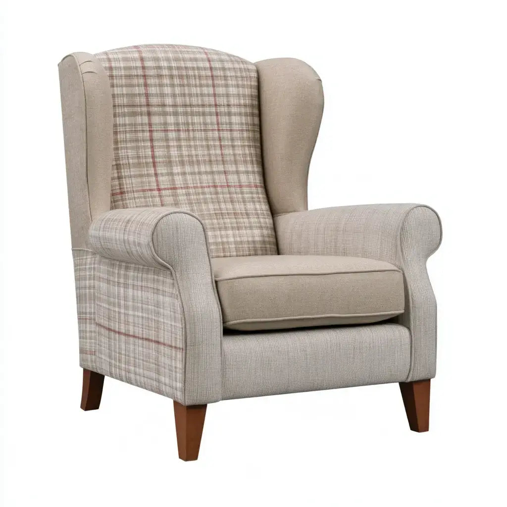 Sillón orejero con tapizado de cuadros - beige