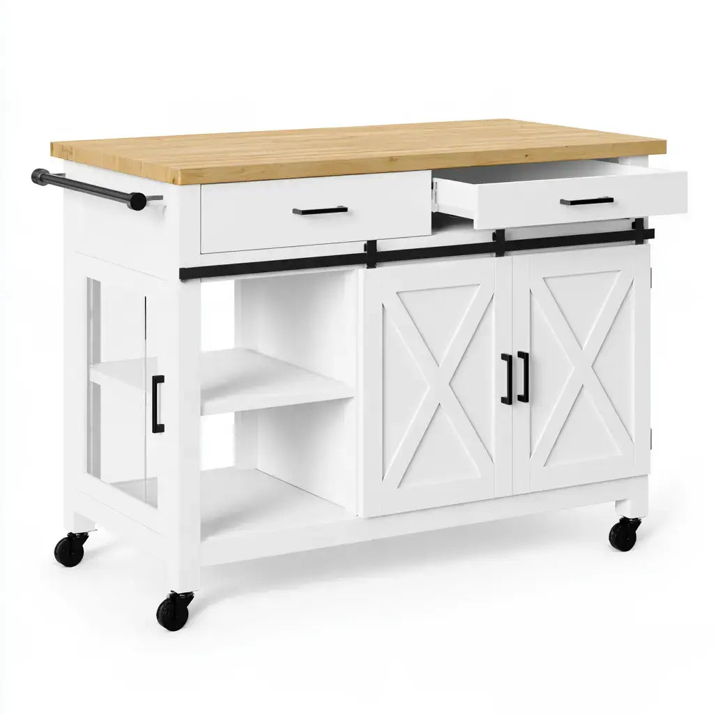 Isla de cocina con puertas correderas y estantes laterales - blanco/beige